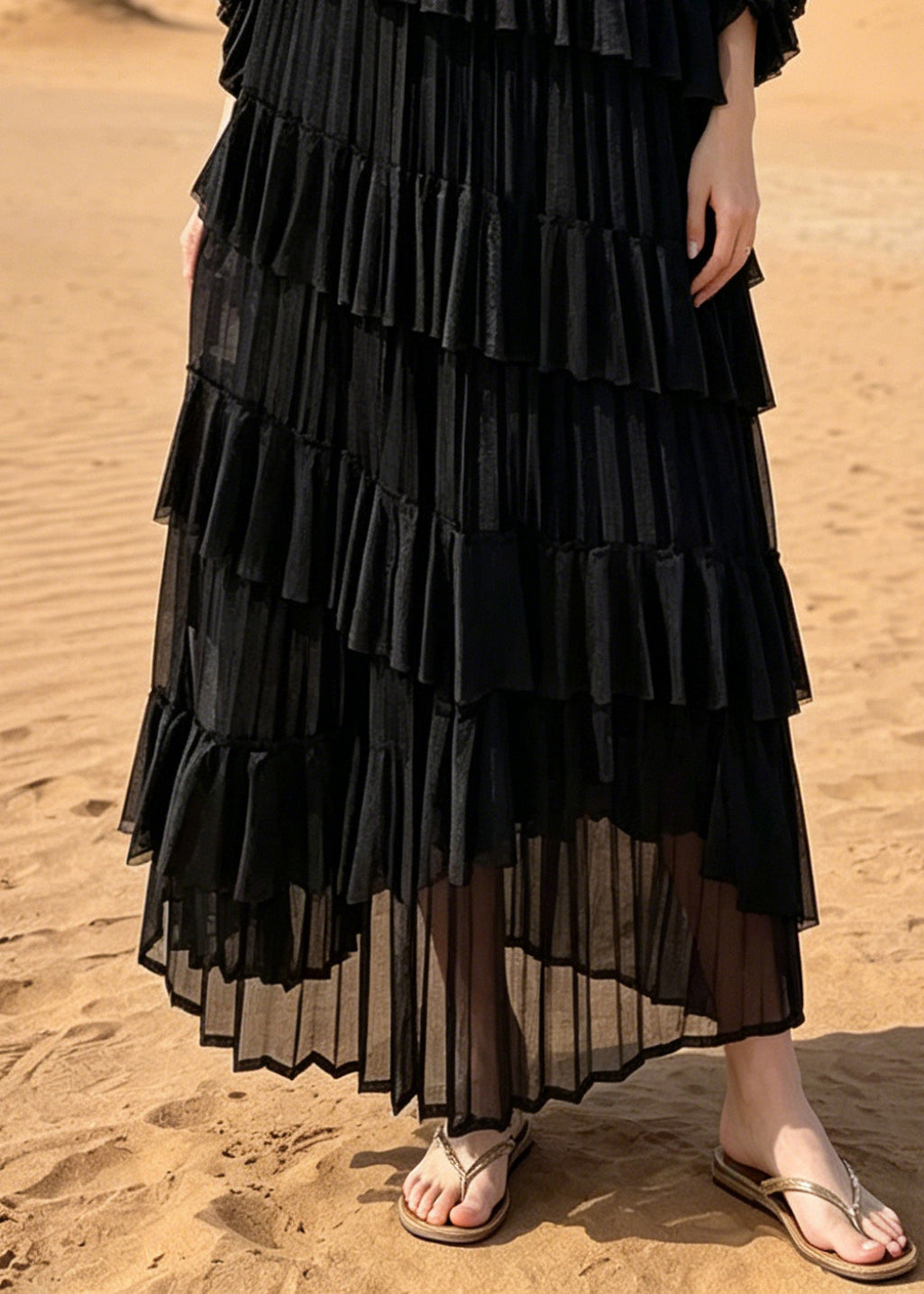 Crew Neck Long Sleeve Tiered Ruffle Pleated Chiffon Maxi Dress - View 4