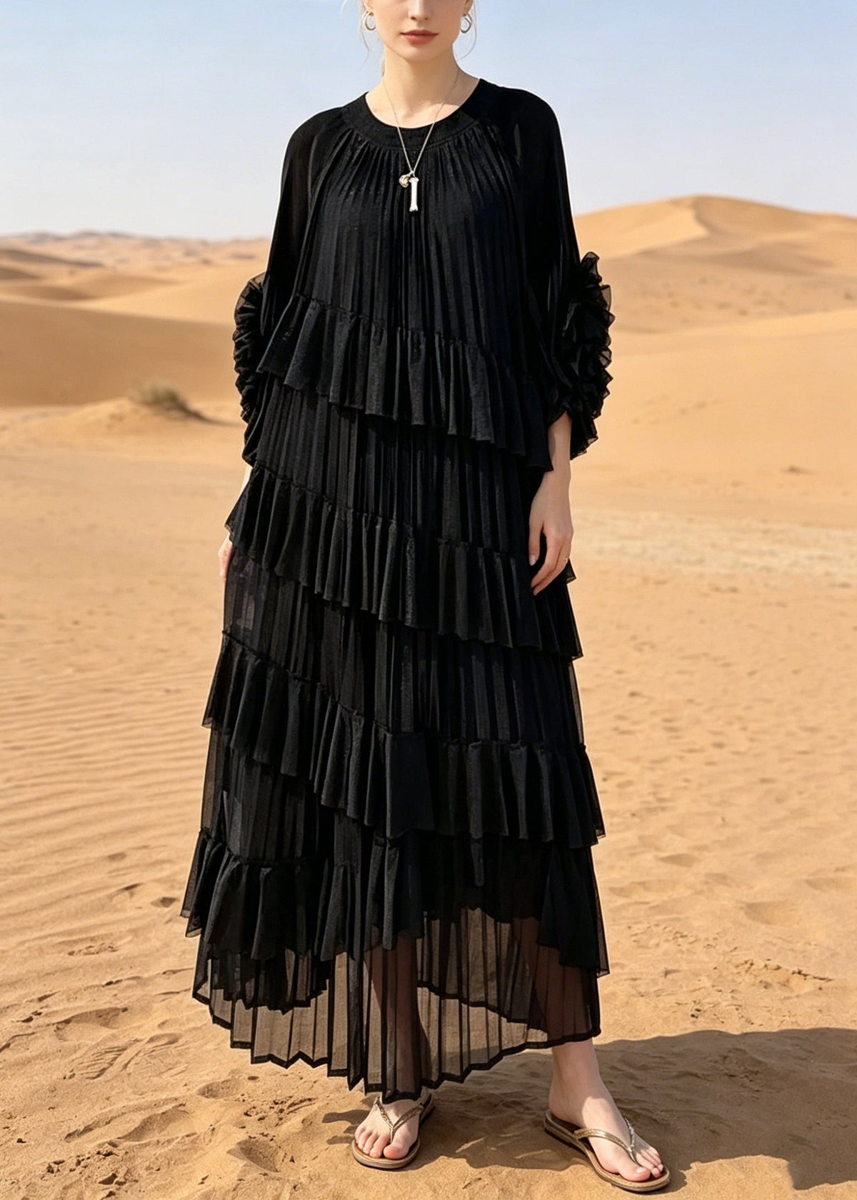 Crew Neck Long Sleeve Tiered Ruffle Pleated Chiffon Maxi Dress - View 5