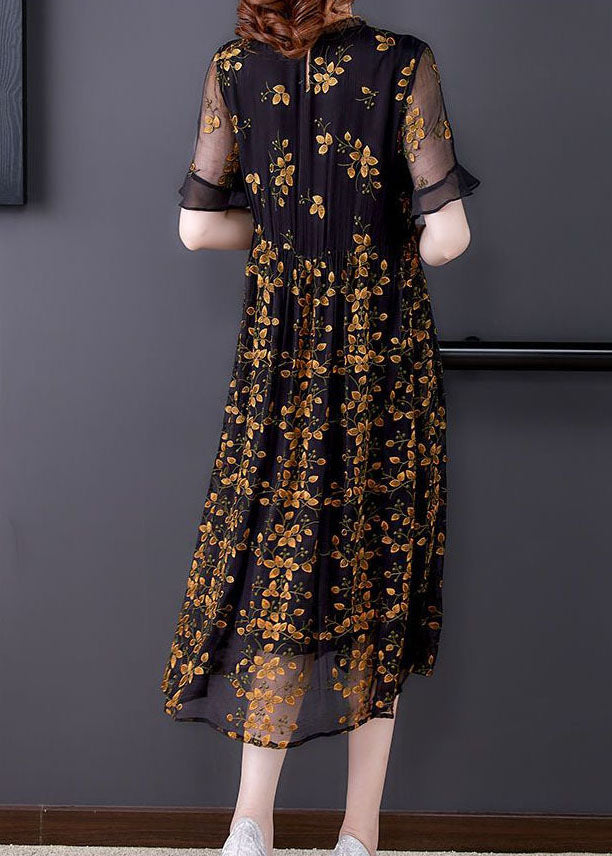 Style Black Ruffled Collar Embroideried Tulle Cinched Dress Summer - View 5