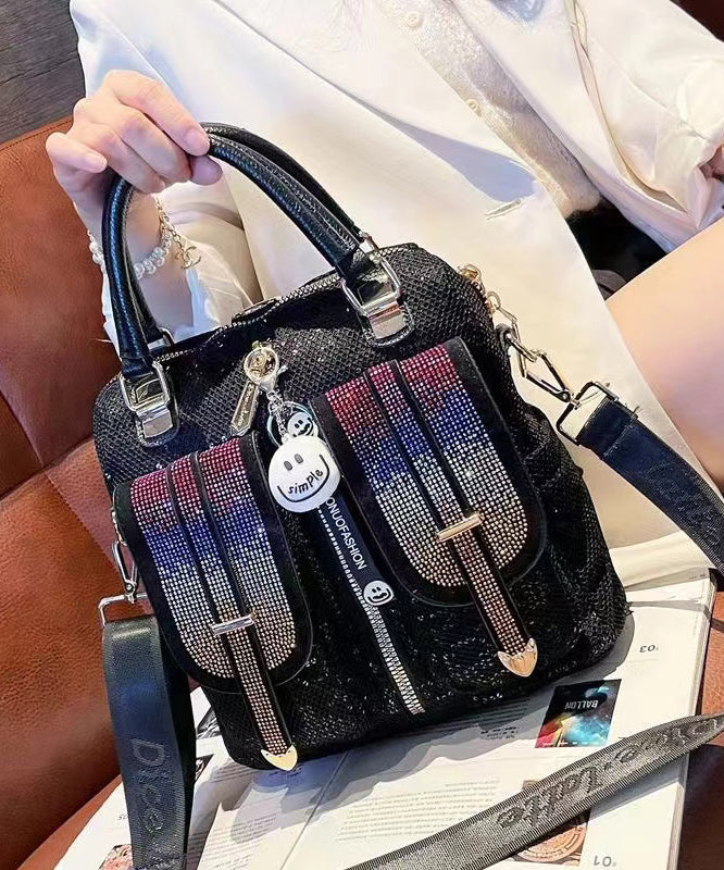 Black Zircon Patchwork Sequin Leather Backpack Bag