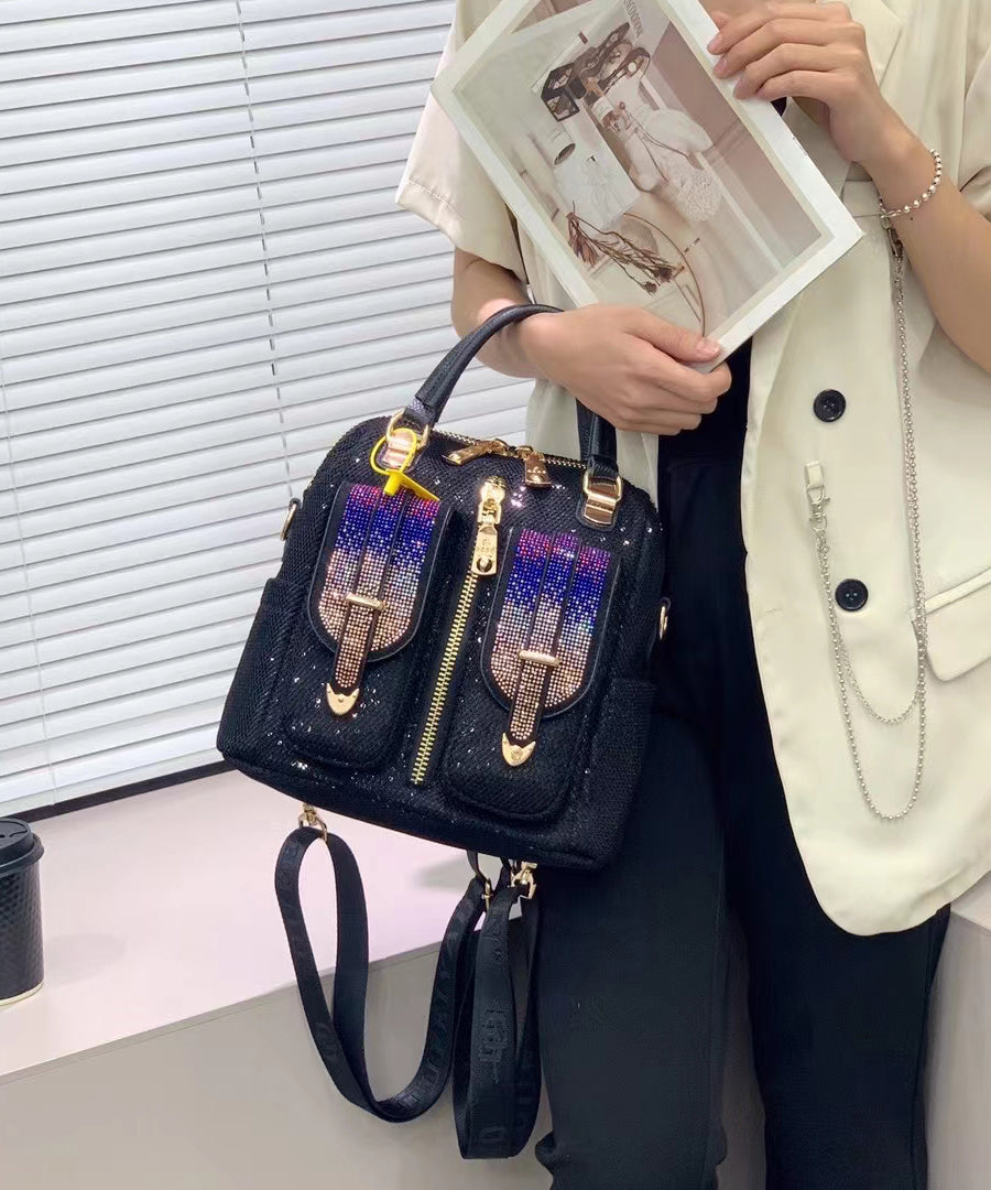 Black Zircon Patchwork Sequin Leather Backpack Bag
