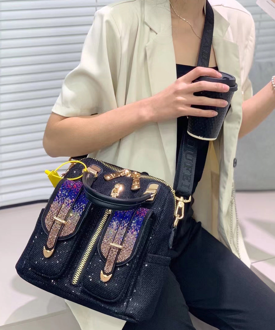 Black Zircon Patchwork Sequin Leather Backpack Bag