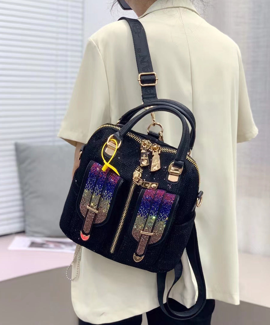 Black Zircon Patchwork Sequin Leather Backpack Bag