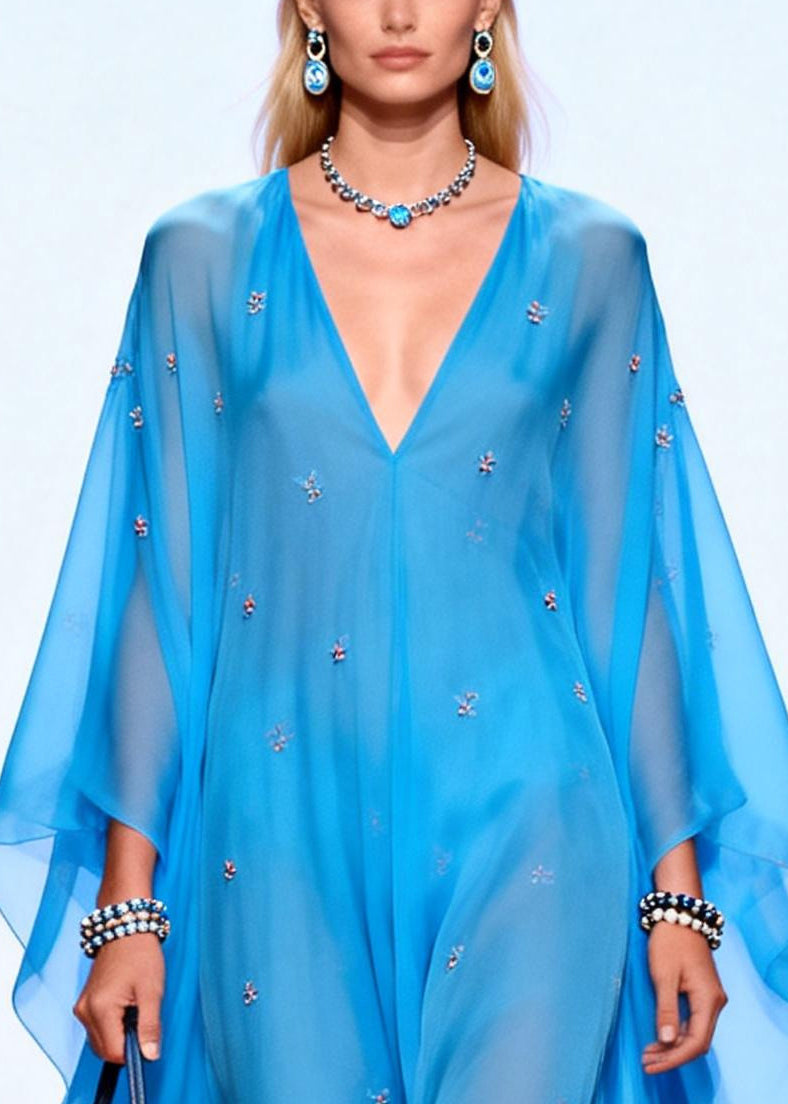 Deep V-Neck Batwing Sleeve Beaded Sheer Chiffon Kaftan Maxi Dress - View 2