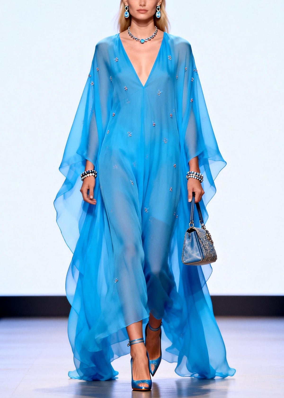 Deep V-Neck Batwing Sleeve Beaded Sheer Chiffon Kaftan Maxi Dress - View 3