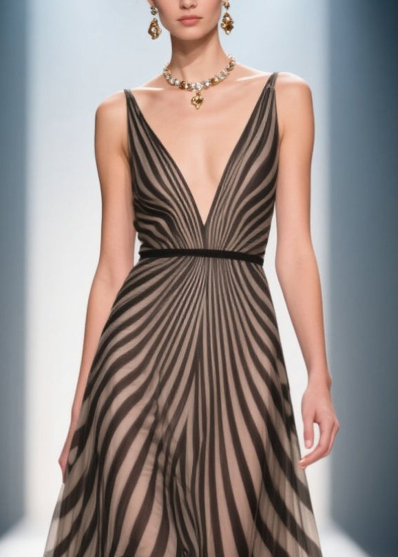 Style Brown Ruffled Striped Chiffon Evening Dress Summer - View 2