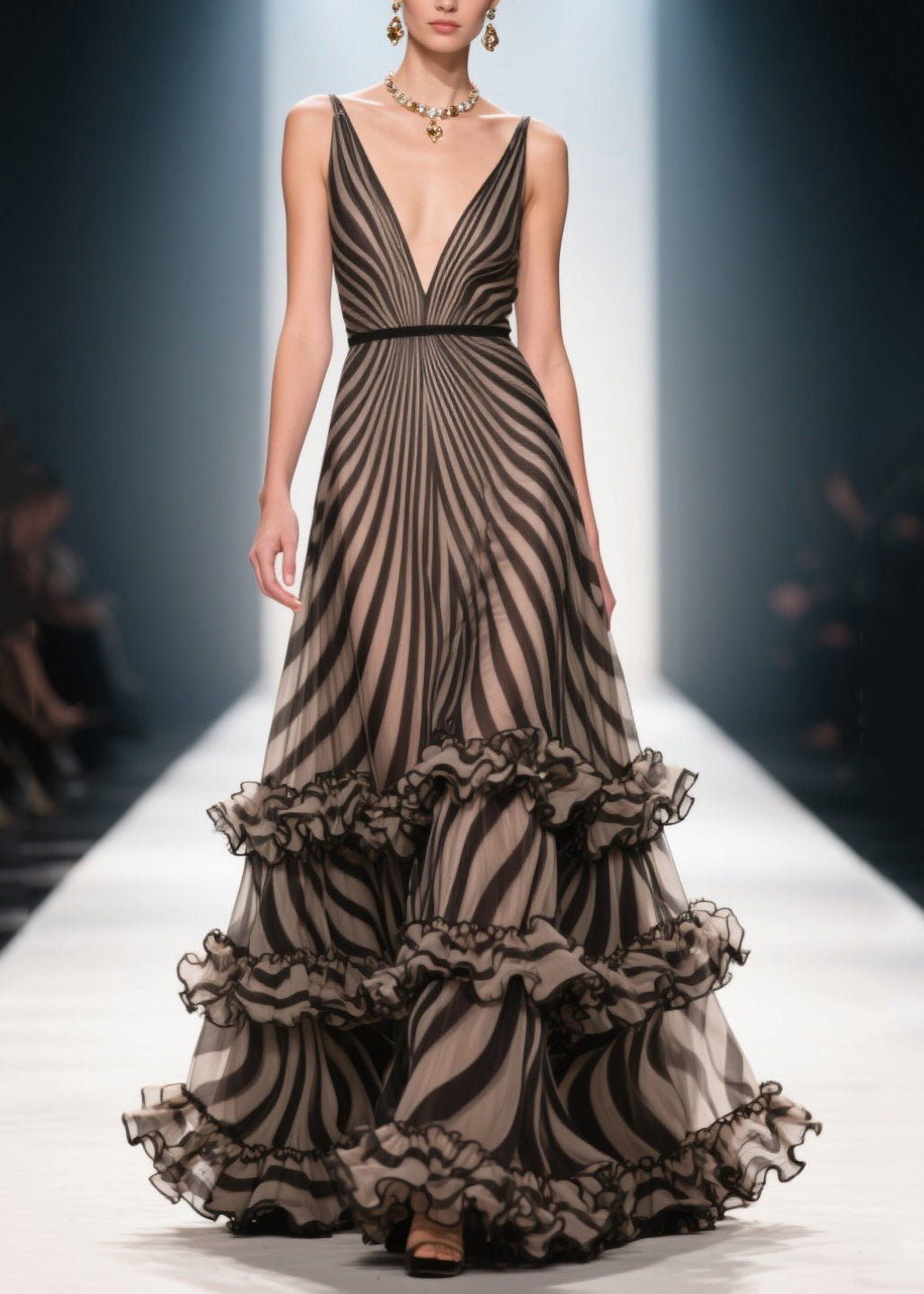 Style Brown Ruffled Striped Chiffon Evening Dress Summer - View 3