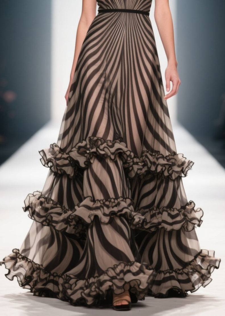 Style Brown Ruffled Striped Chiffon Evening Dress Summer - View 4