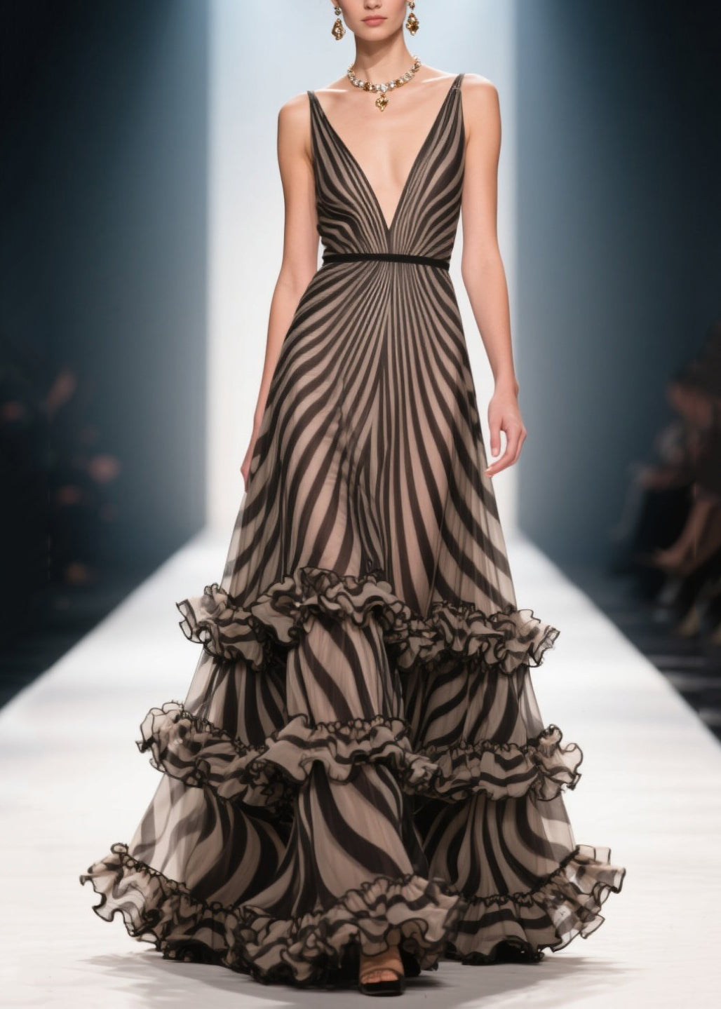 Style Brown Ruffled Striped Chiffon Evening Dress Summer - View 5