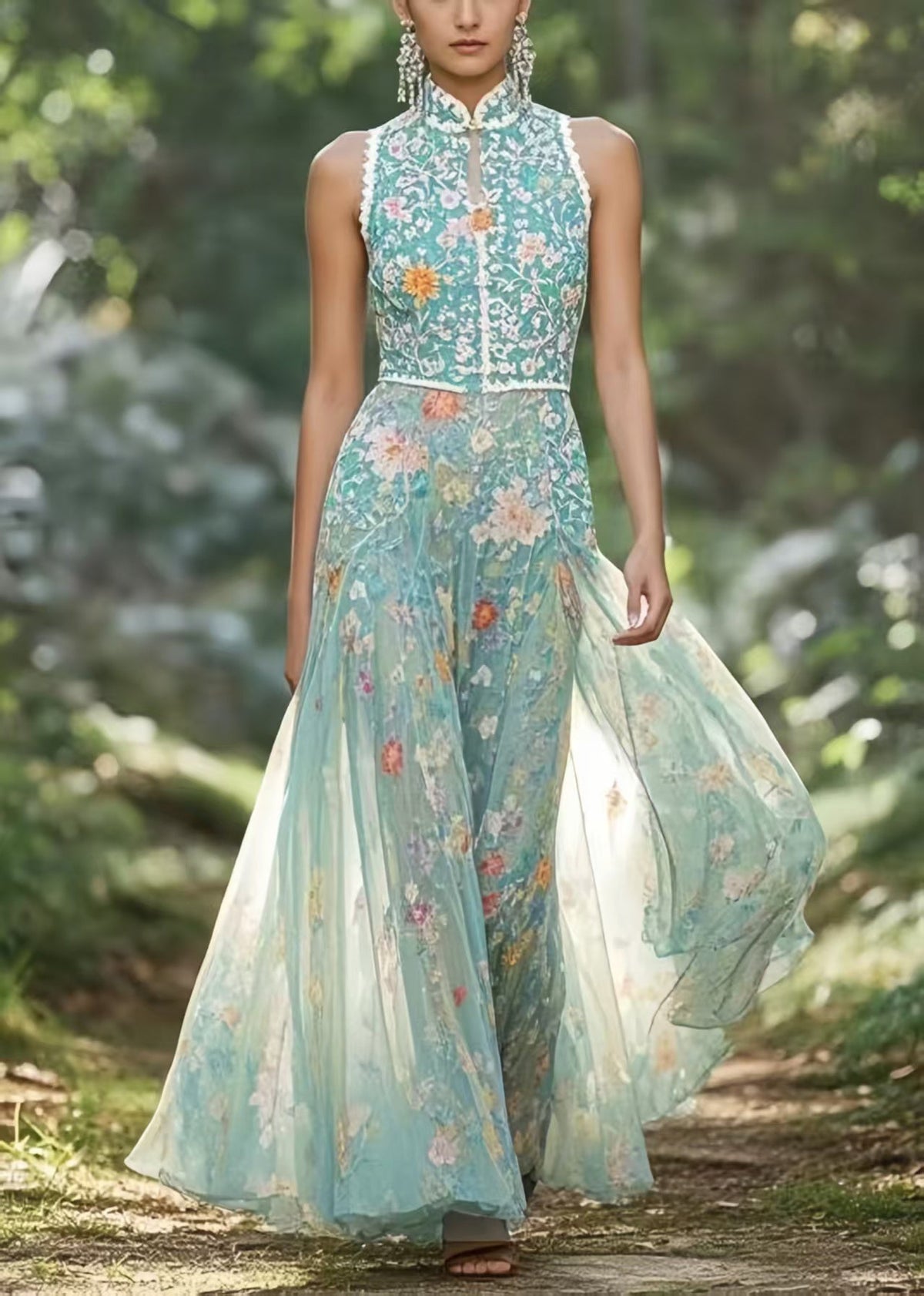 Mandarin Collar Chiffon Floral Sleeveless Dress