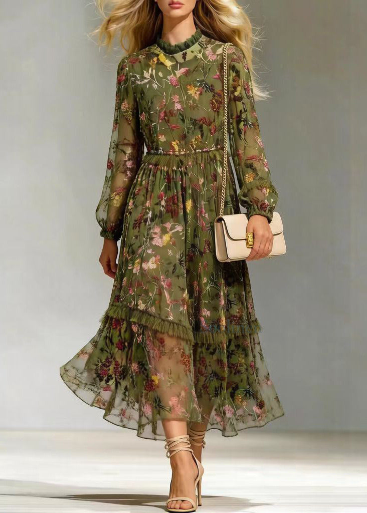 Floral Print High Neck Long Sleeve Tiered Ruffle Chiffon Midi Dress