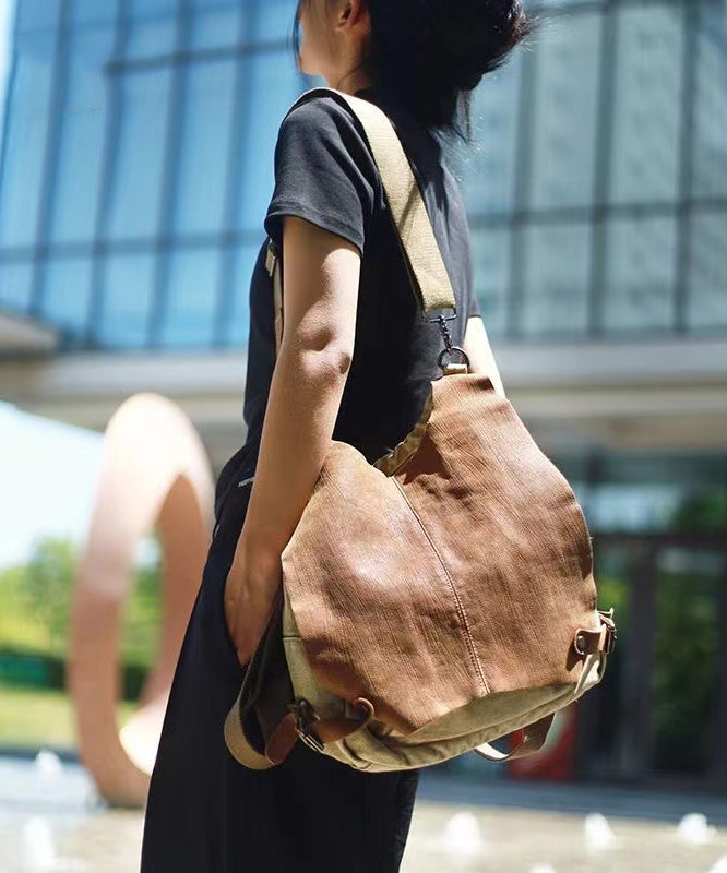 Khaki Calf Leather Patchwork Canvas Backpack Satchel Bag