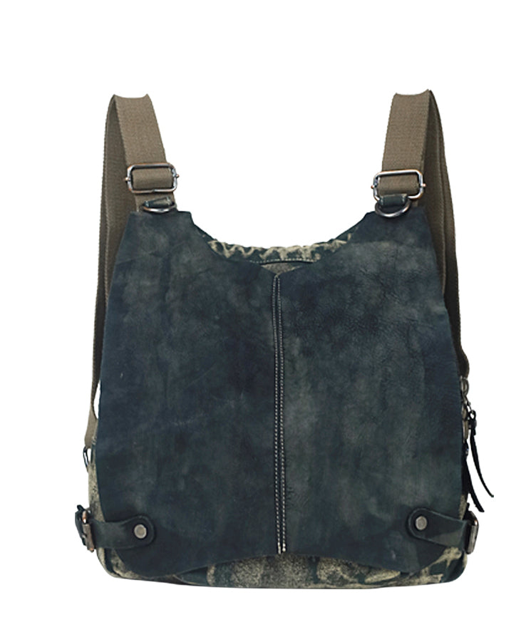 Khaki Calf Leather Patchwork Canvas Backpack Satchel Bag