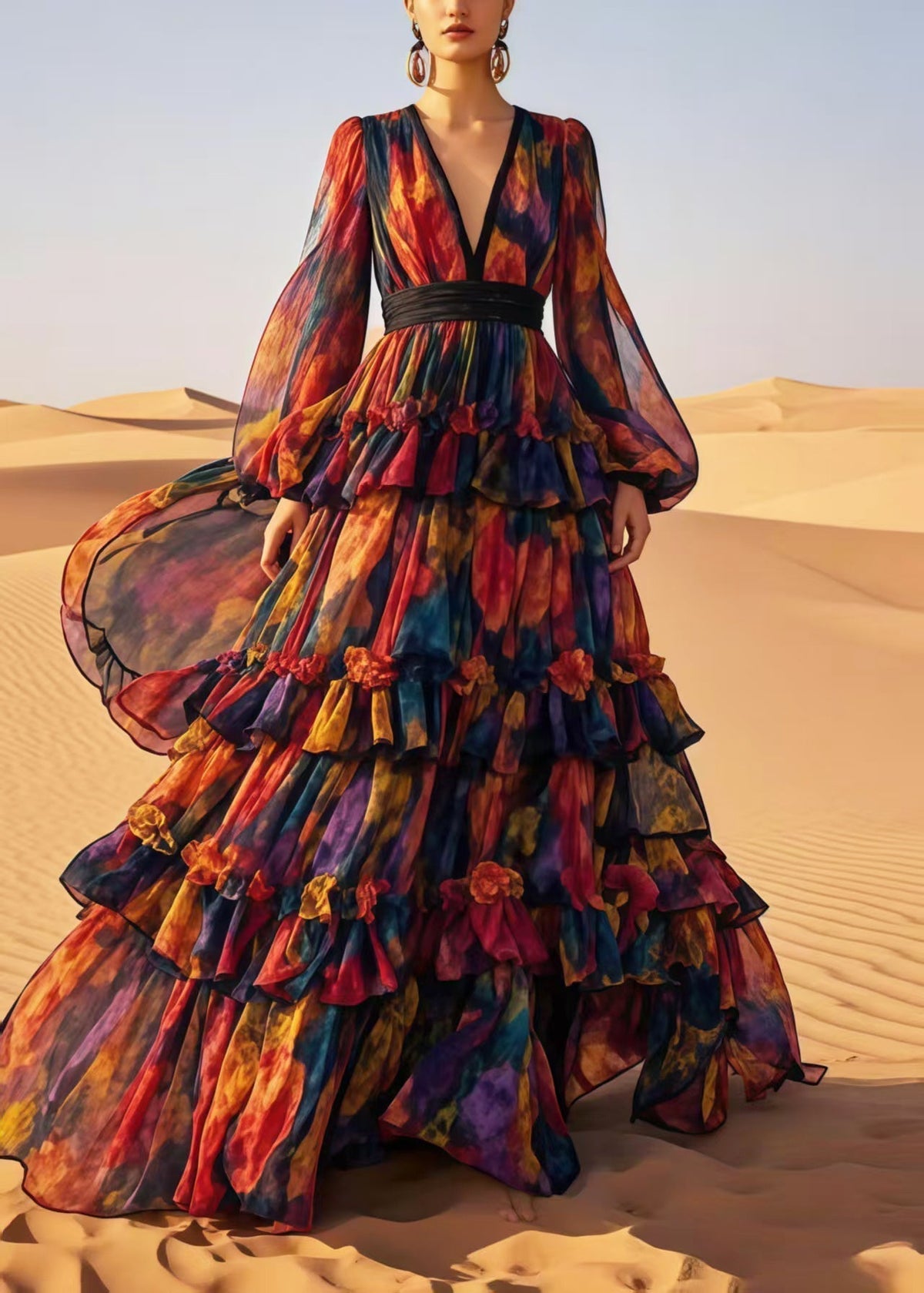 Chiffon Deep V-Neck Bishop Sleeve Pleated Waist Tiered Maxi Gown