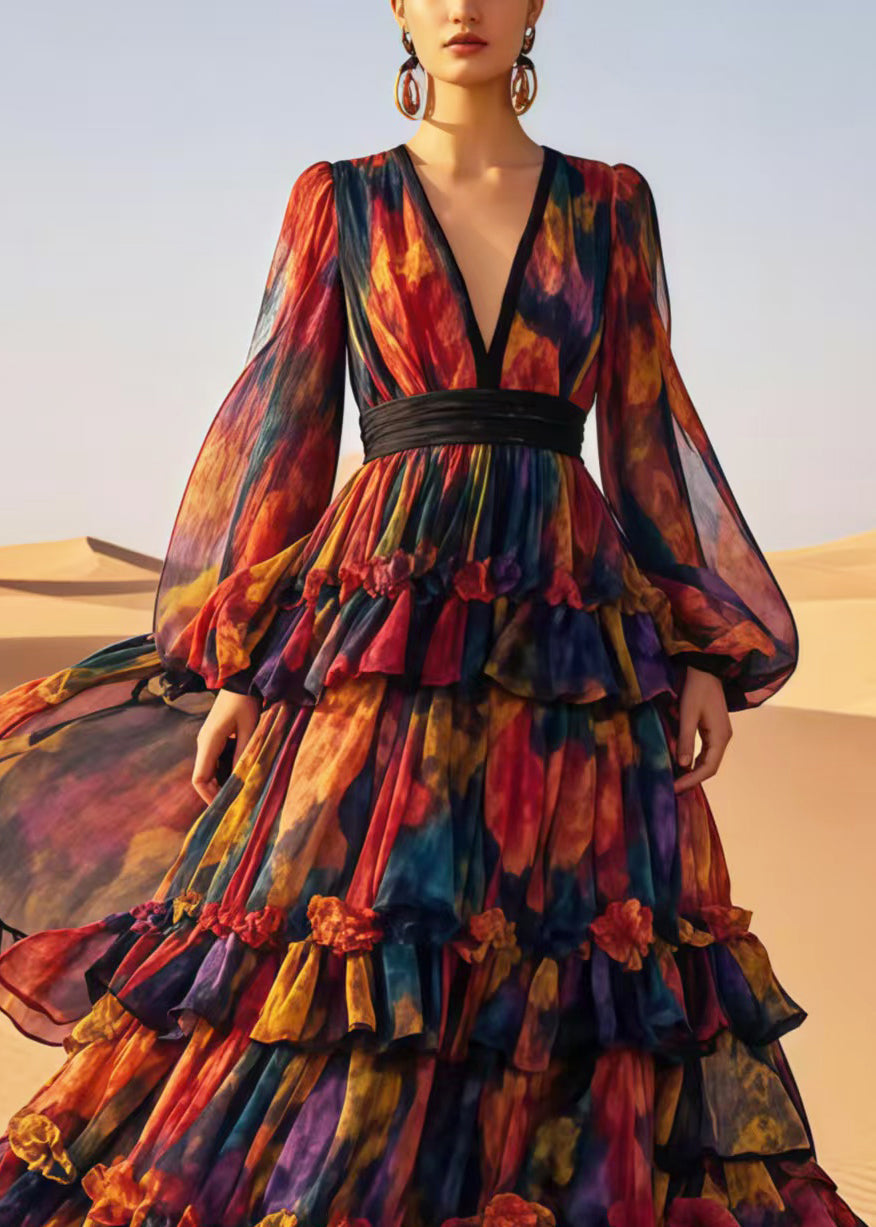Chiffon Deep V-Neck Bishop Sleeve Pleated Waist Tiered Maxi Gown - View 2