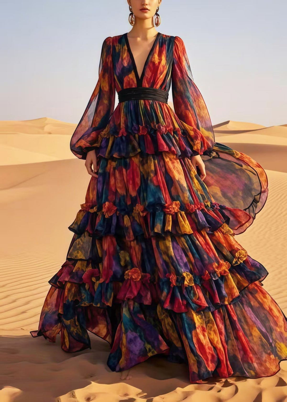 Chiffon Deep V-Neck Bishop Sleeve Pleated Waist Tiered Maxi Gown - View 3