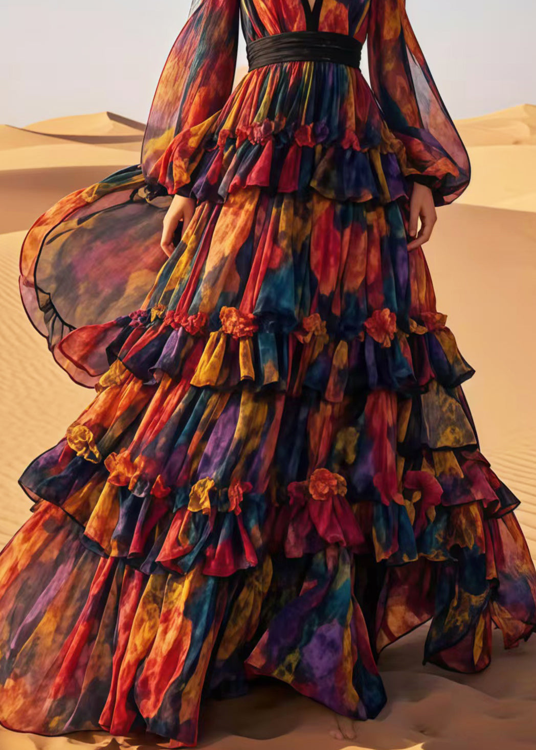 Chiffon Deep V-Neck Bishop Sleeve Pleated Waist Tiered Maxi Gown - View 4