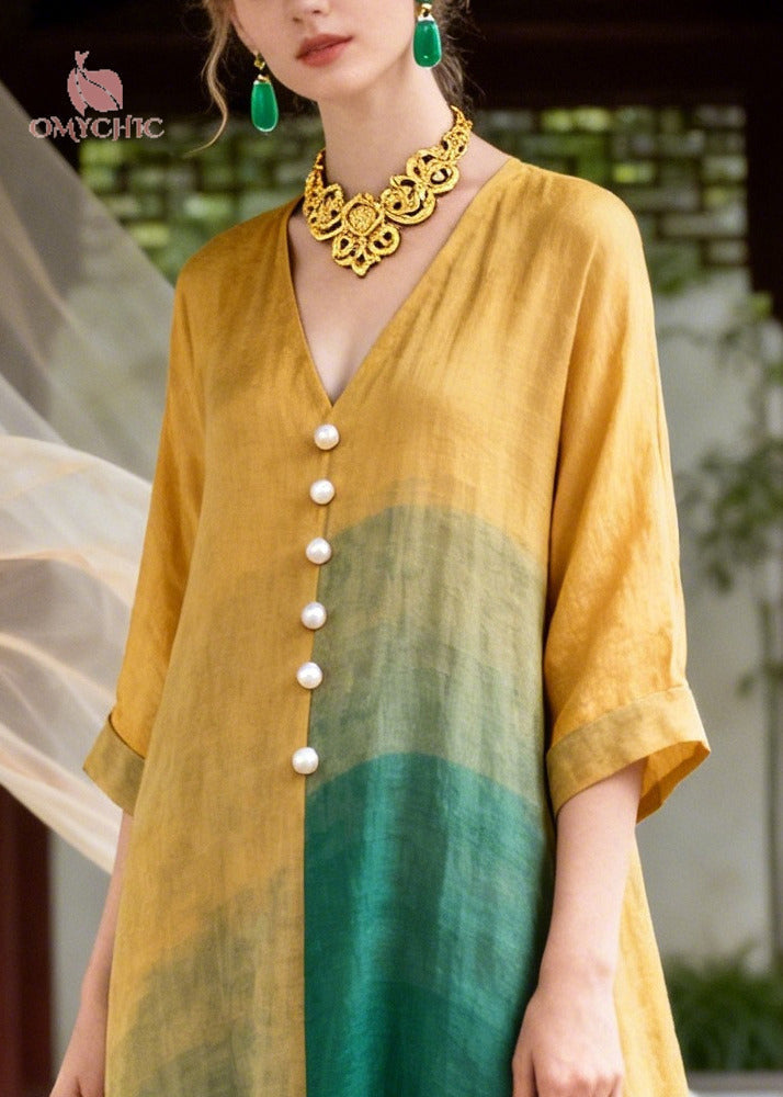 V-Neck Pearl Button Color Block Wide Sleeve A-Line Midi Dress - View 2