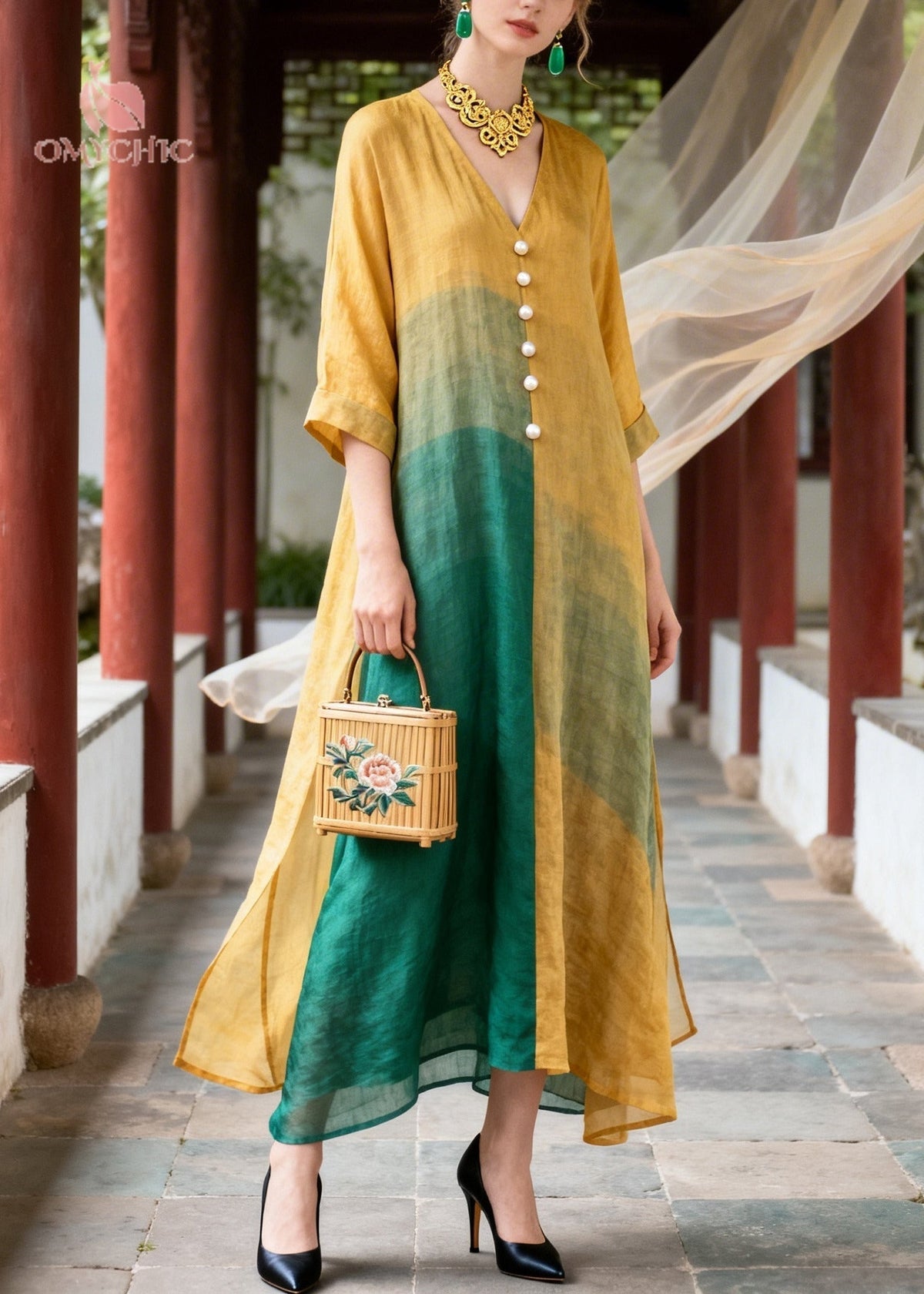 V-Neck Pearl Button Color Block Wide Sleeve A-Line Midi Dress - View 3