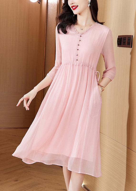 Chiffon V-Neck Ruffle Trim Button Front Midi Dress