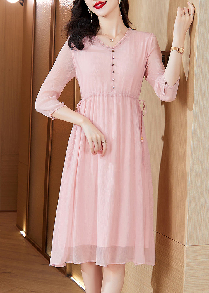 Chiffon V-Neck Ruffle Trim Button Front Midi Dress - View 2