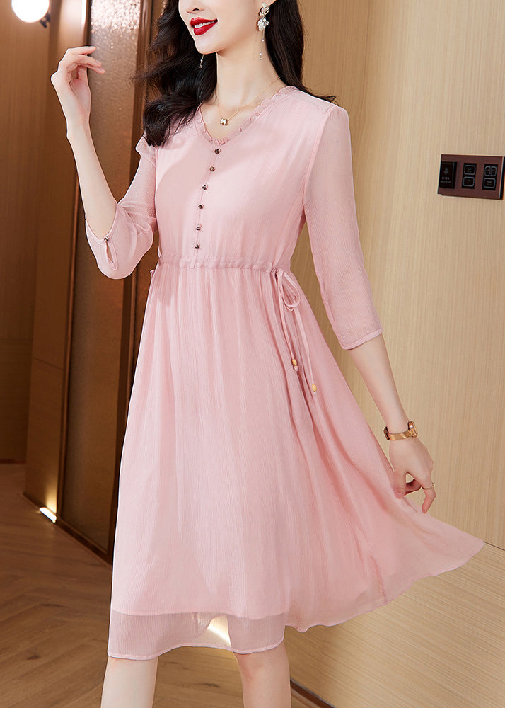 Chiffon V-Neck Ruffle Trim Button Front Midi Dress - View 4