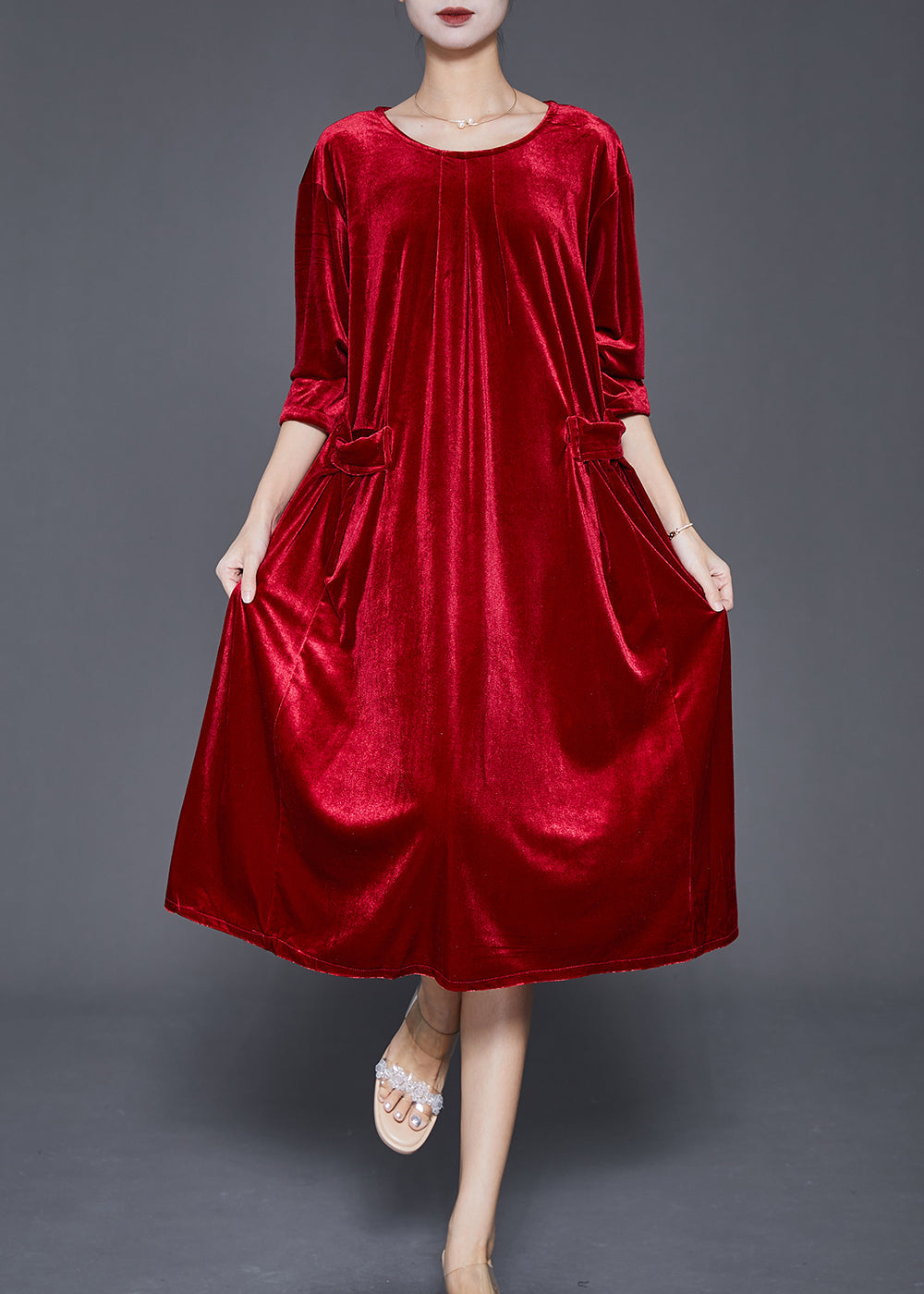 Velvet Round Neck Three Quarter Sleeve Flap Pocket A-Line Midi Dress