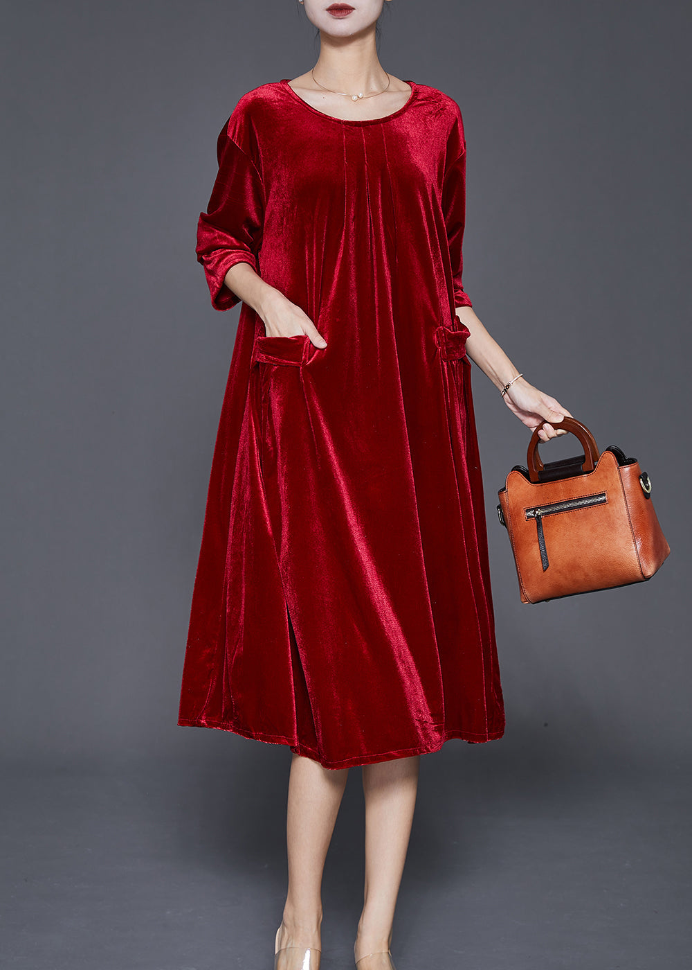 Velvet Round Neck Three Quarter Sleeve Flap Pocket A-Line Midi Dress - View 2