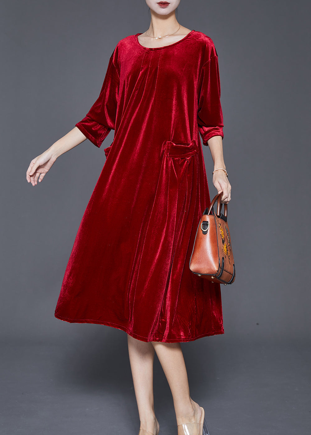 Velvet Round Neck Three Quarter Sleeve Flap Pocket A-Line Midi Dress - View 3
