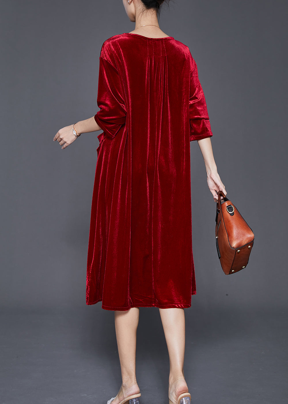 Velvet Round Neck Three Quarter Sleeve Flap Pocket A-Line Midi Dress - View 4