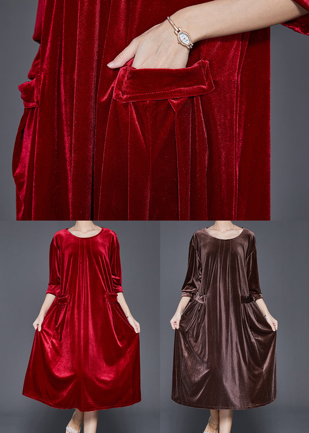 Velvet Round Neck Three Quarter Sleeve Flap Pocket A-Line Midi Dress - View 5