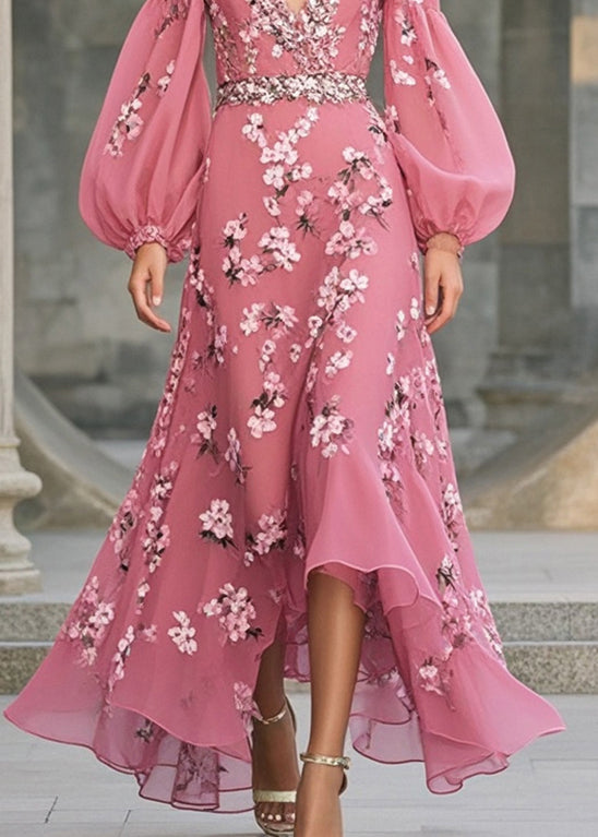 Floral Print Deep V-Neck Bishop Sleeve Rhinestone Trim Midi Dress - View 4