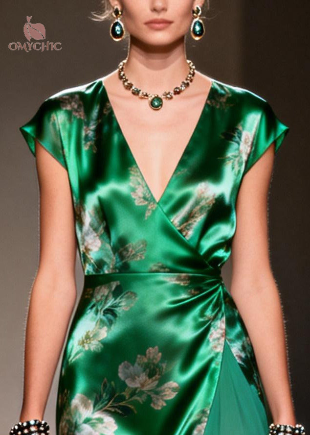 Floral Print Satin Chiffon Deep V-Neck Cap Sleeve Midi Dress - View 2