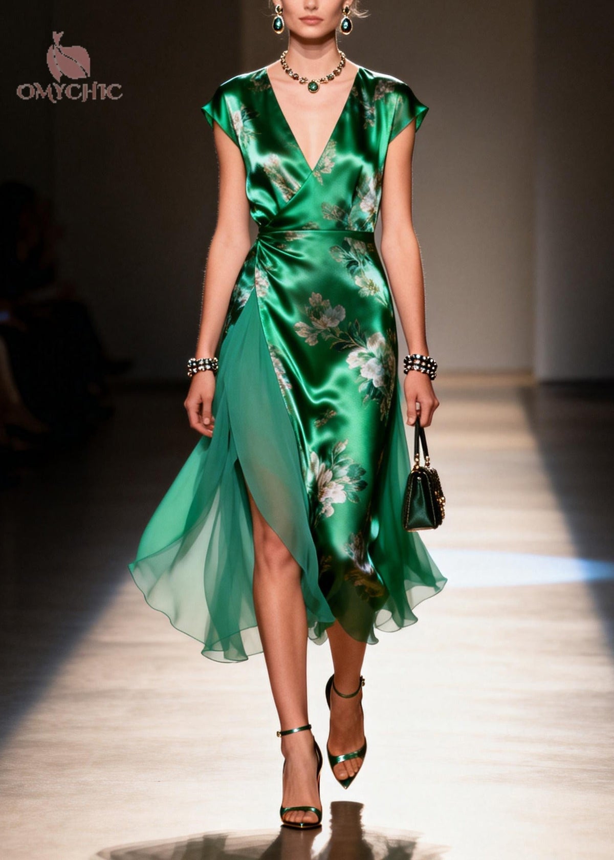 Floral Print Satin Chiffon Deep V-Neck Cap Sleeve Midi Dress - View 3