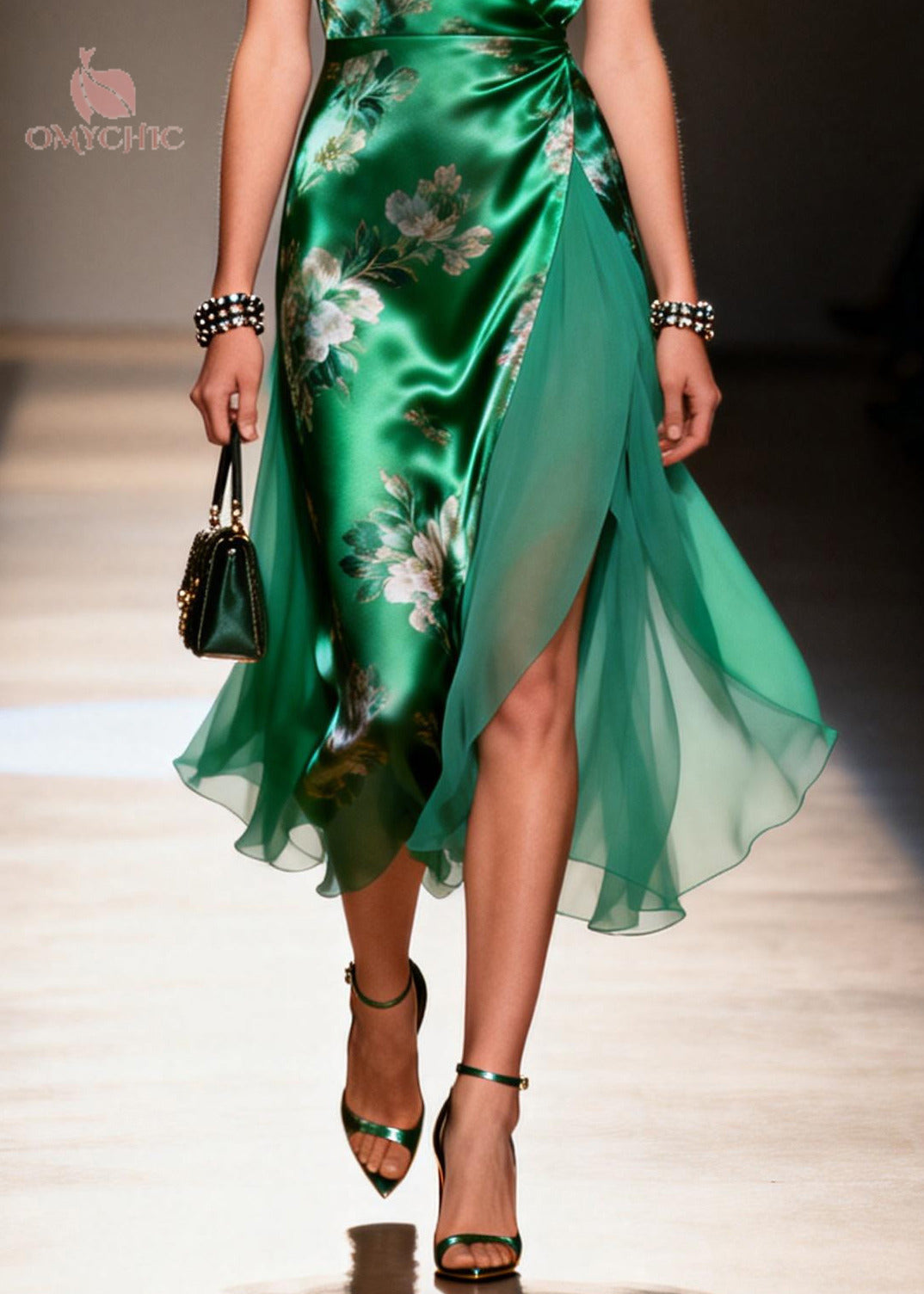 Floral Print Satin Chiffon Deep V-Neck Cap Sleeve Midi Dress - View 4