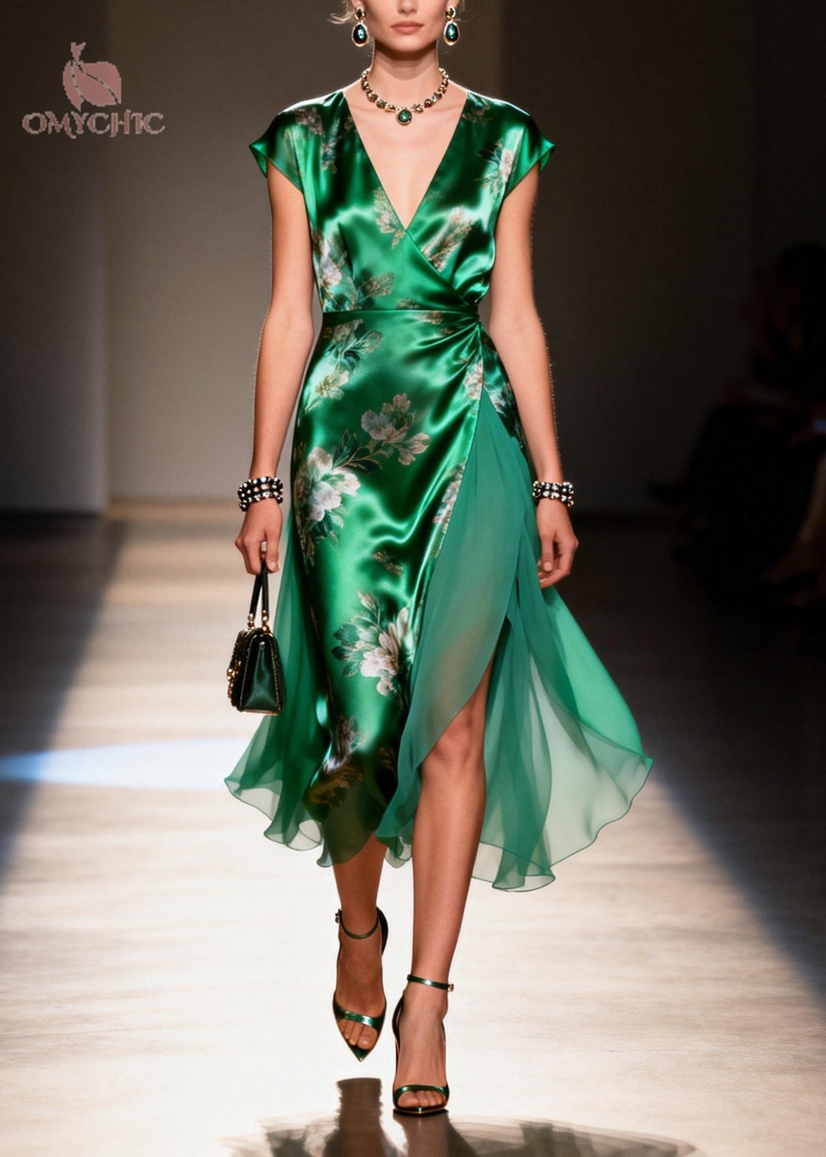 Floral Print Satin Chiffon Deep V-Neck Cap Sleeve Midi Dress - View 5