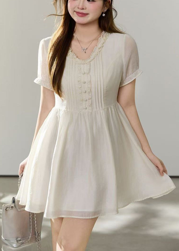 Pintuck Lace Trim V-Neck Ruffle Sleeve Tie Waist Mini Dress