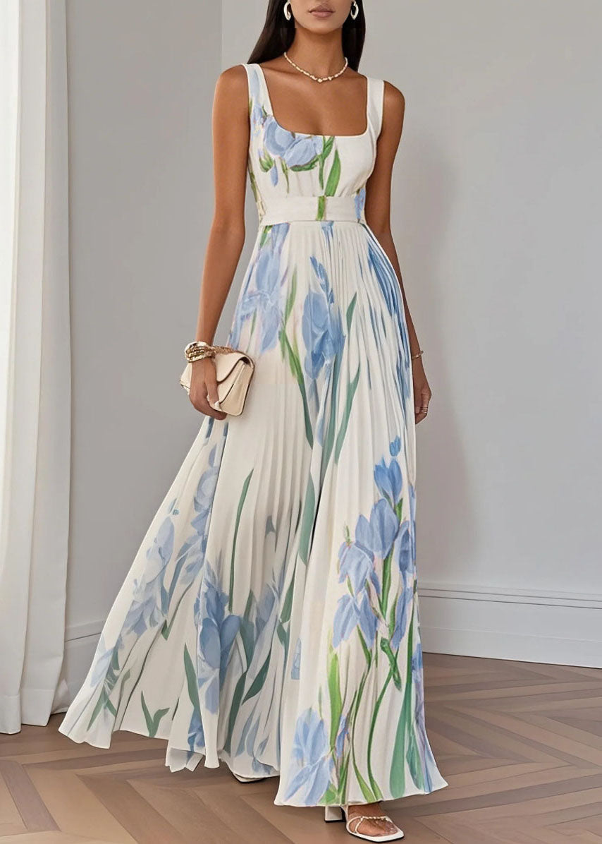 Floral Print Square Neck Sleeveless Belted Pleated Maxi Dress