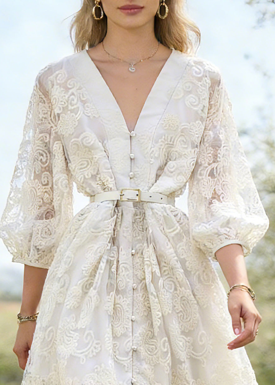 Lace Deep V-Neck Puff Sleeve Belted Button Front Mini Dress - View 2