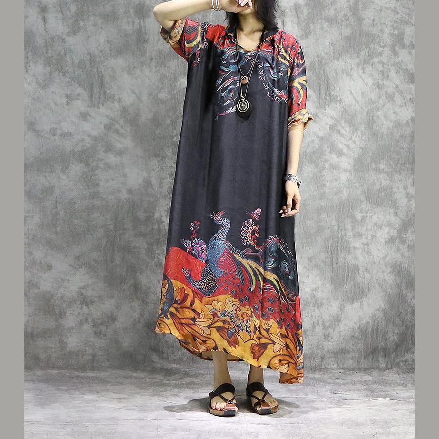 Peacock Graphic Print V-Neck Elbow Sleeve Loose Shift Maxi Dress