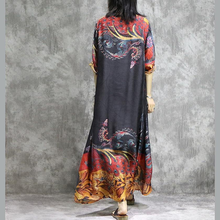 Peacock Graphic Print V-Neck Elbow Sleeve Loose Shift Maxi Dress - View 4