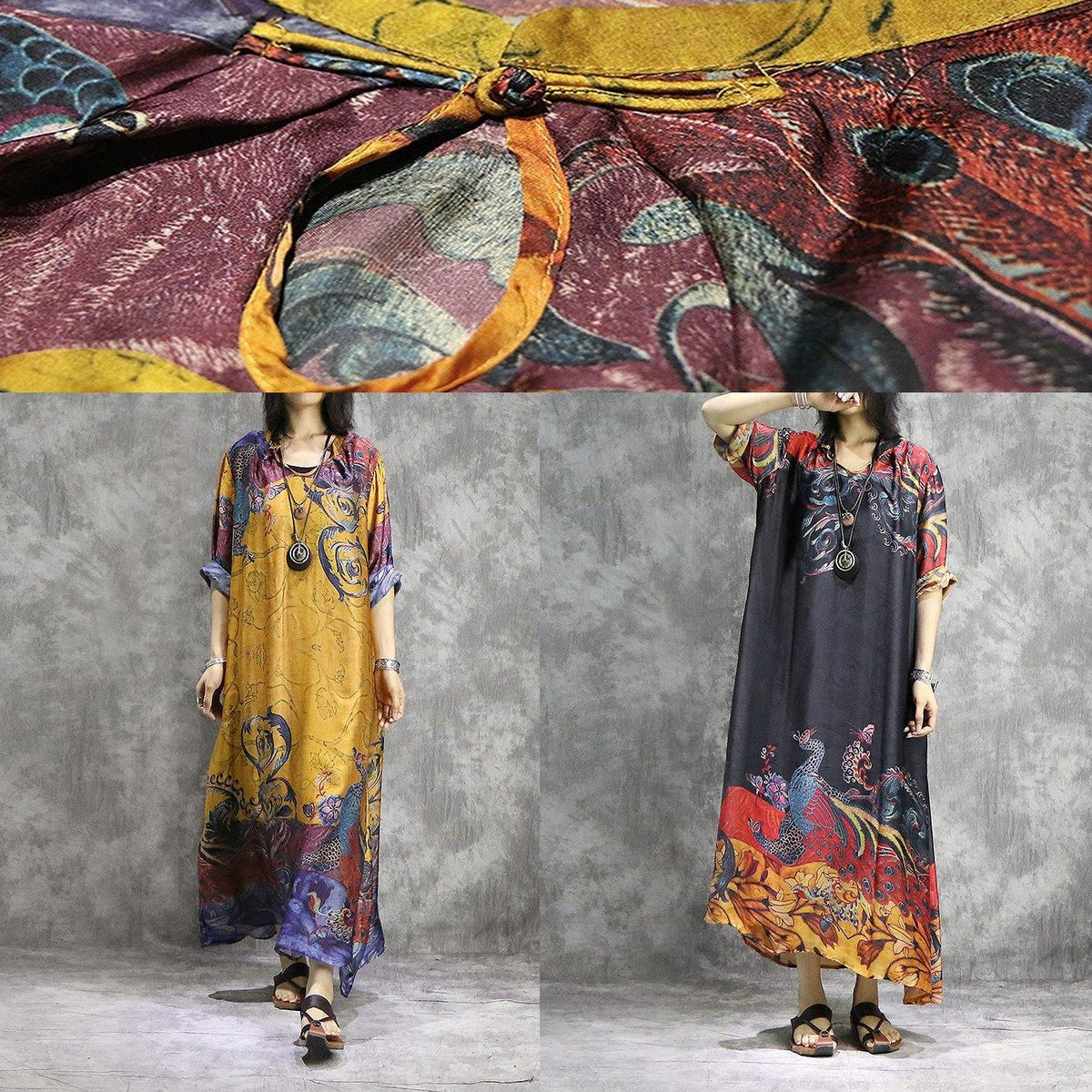 Peacock Graphic Print V-Neck Elbow Sleeve Loose Shift Maxi Dress - View 5