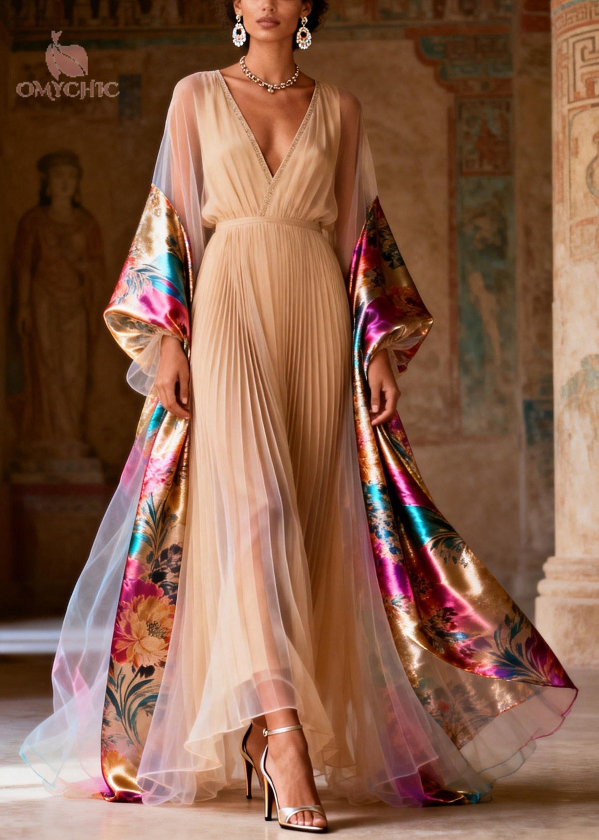 Pleated Chiffon Deep V-Neck Metallic Floral Balloon Maxi Gown - View 3