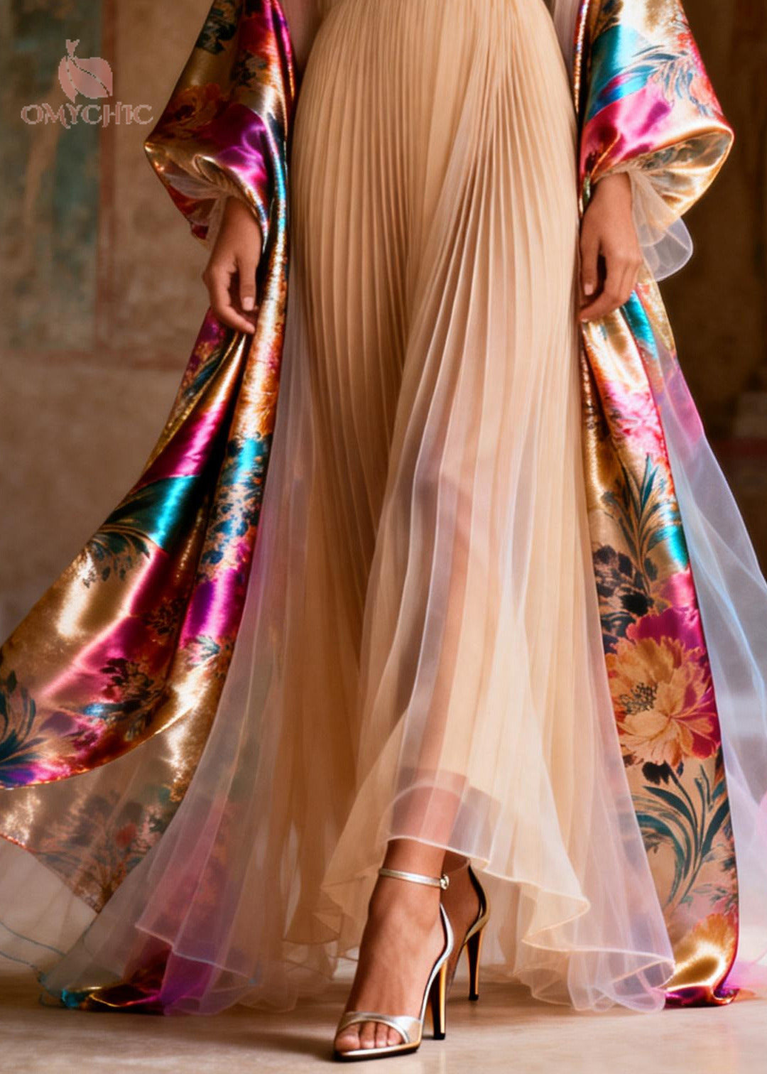 Pleated Chiffon Deep V-Neck Metallic Floral Balloon Maxi Gown - View 4