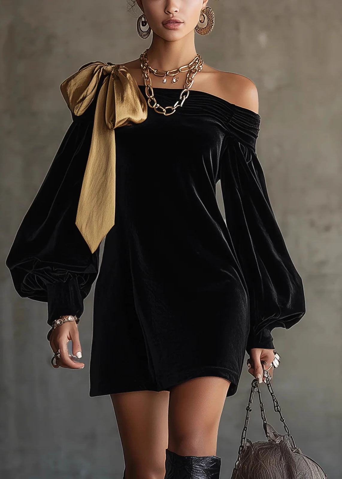 Velvet One Shoulder Bow Off Shoulder Ruched Puff Sleeve Mini Dress