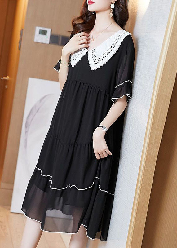 Lace Collar Short Sleeve Tiered Contrast Trim Knee Length Dress - View 2