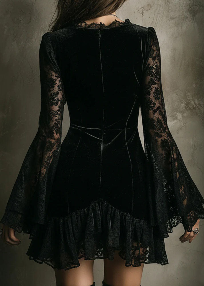Stylish Black V Neck Lace Patchwork Velvet Mini Dress Fall - View 3