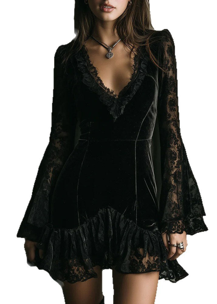 Stylish Black V Neck Lace Patchwork Velvet Mini Dress Fall - View 5