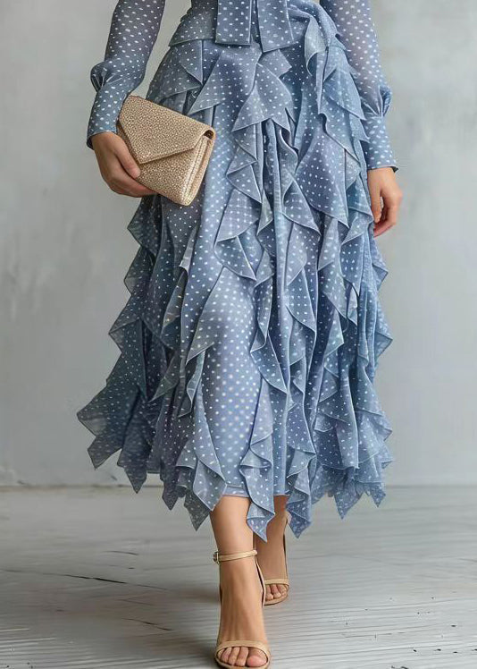 Polka Dot Bow Neck Tie Waist Tiered Ruffle Long Sleeve Midi Dress - View 4