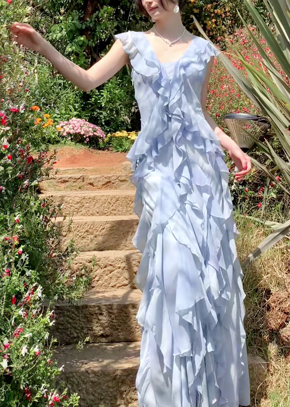 Stylish Blue Ruffled Tie Dye Chiffon Dress Summer - View 2